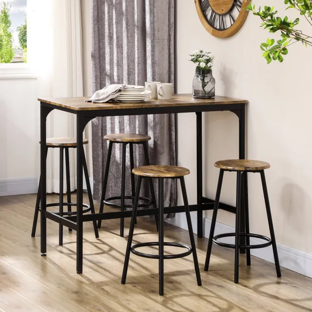 DESMIU Barkruk - Bartafel Set 110 X 50 X 89,5 Cm - Set Met 4 Barkrukken En Ruimtebesparend Ontwerp - Voor Keuken En Bar - MDF En Metaal - Bruin