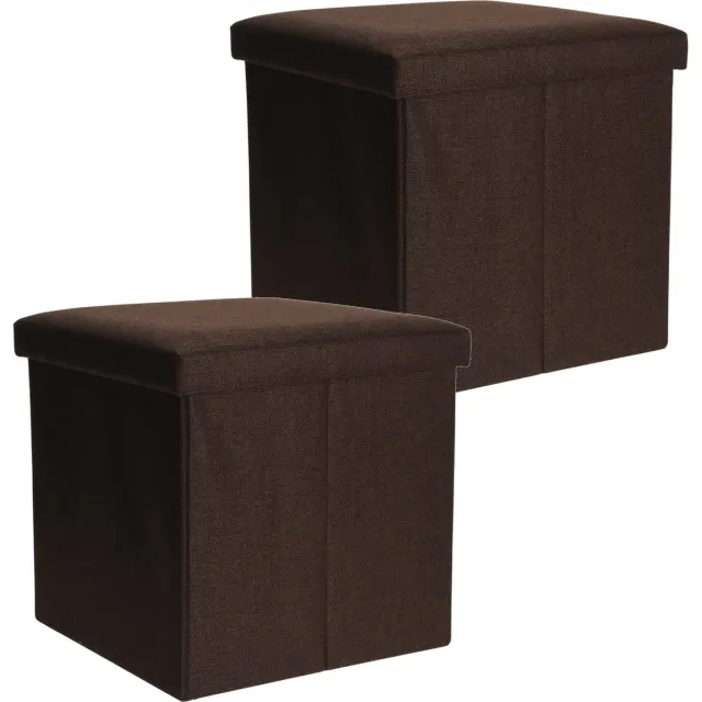 H&S Collection Poef/hocker/voetenbankje - 2x - opbergbox - bruin - polyester - 38 x 38 cm - opvouwbaar