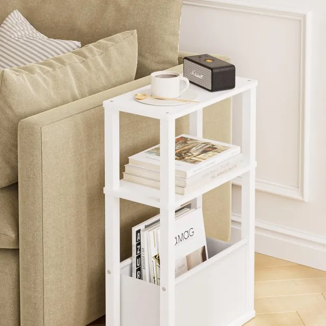 Famanu Smal bijzettafeltje met opbergruimte, 3-traps nachtkastje, kleine salontafel voor beperkte ruimtes, wit, ideaal voor slaapkamer en woonkamer