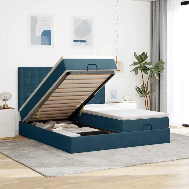 vidaXL Bed poef met matrassen en leds 200x200 cm fluweel donkerblauw blauw