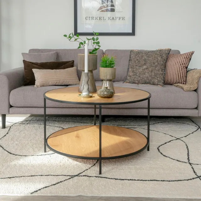 Housenordic Vita Salontafel - Ronde salontafel met zwart frame en eiken blad 80x45 cm
