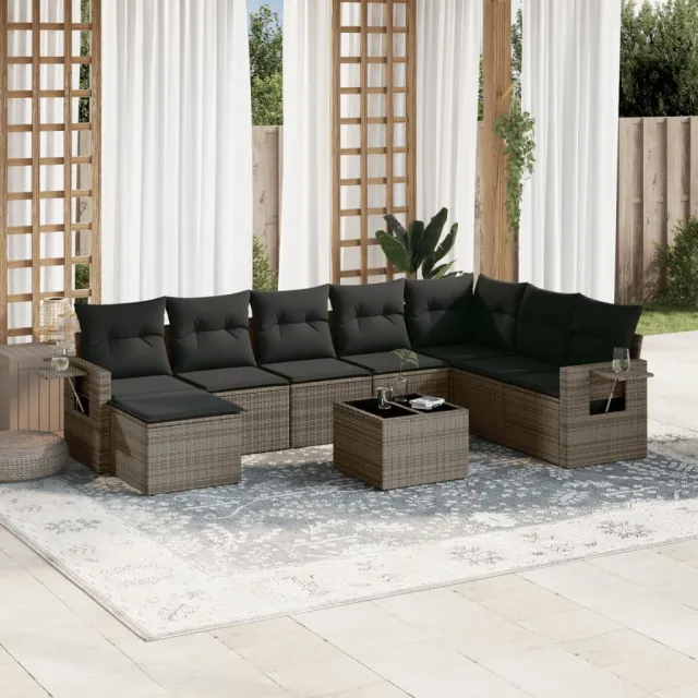 vidaXL 9-delige Loungeset met kussens poly rattan grijs, foto 2