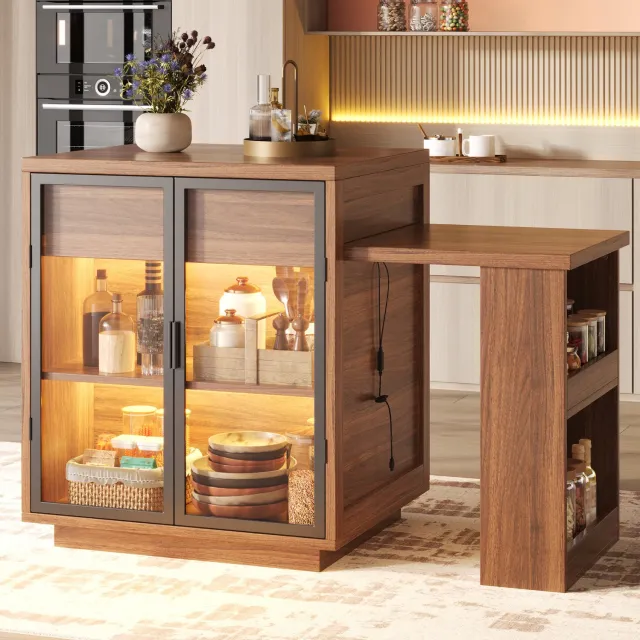 DESMIU Eettafel - Uitschuifbaar met Kast en Ledverlichting - voor Keuken en Eetkamer - MDF en Metaal - 122 tot 194,5 x 70 x 94 cm - Donkerbruin