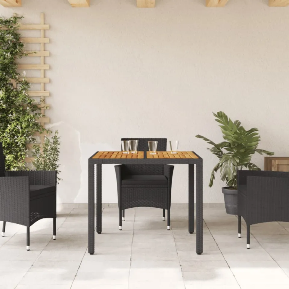 vidaXL Tuintafel met acaciahouten blad 90x90x75 cm poly rattan zwart, foto 3