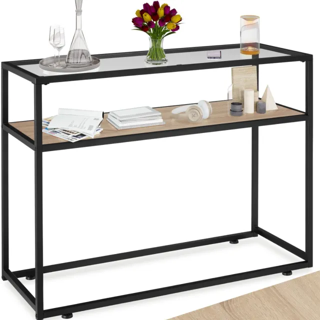 Tectake Consoletafel met plank en glazen blad - Sidetable met 2 niveaus - Dressoir met glazen blad voor in woonkamer, hal, keuken - Industrieel design - Zwart metalen frame - Afmeting (LxBxH) 100 x 41 x 80,5 cm - Lichtbruin