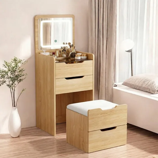 MAZAZU Kaptafel met Spiegel en Verlichting - Make-up Tafel met LED - Krukje - Naturel Hout