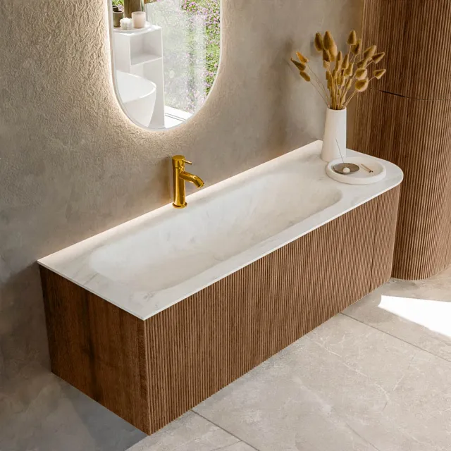 Mondiaz KURVE-DLUX 135 cm Onderkast Greeploos 1 Lade Met Deuren Walnut, Wastafel Solid Surface Links Opalo 1 Kraangat Zonder Spiegel (KRVBGM135R1L1D1KL-Wal/Opa)