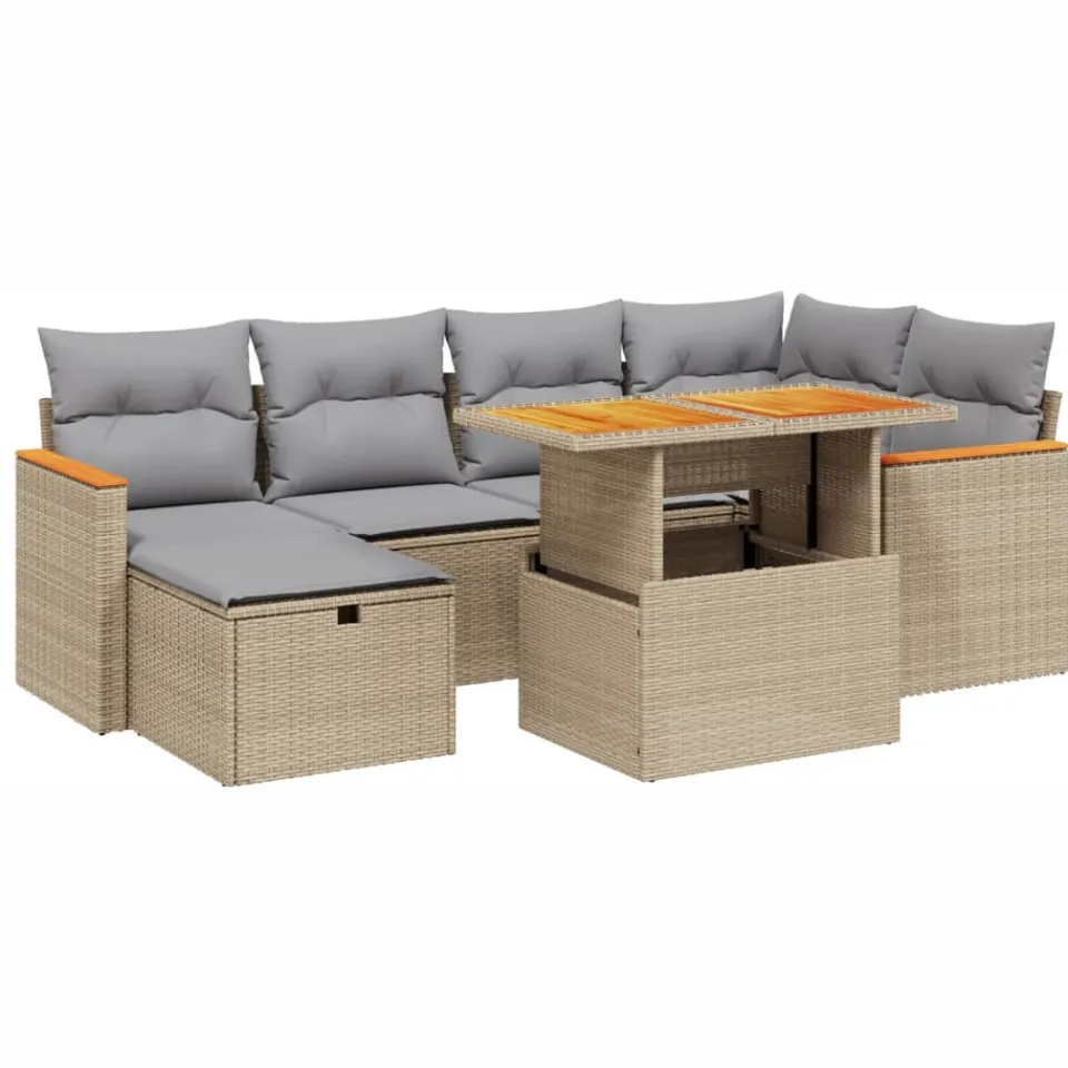 vidaXL 7-delige Loungeset met kussens poly rattan beige, foto 3