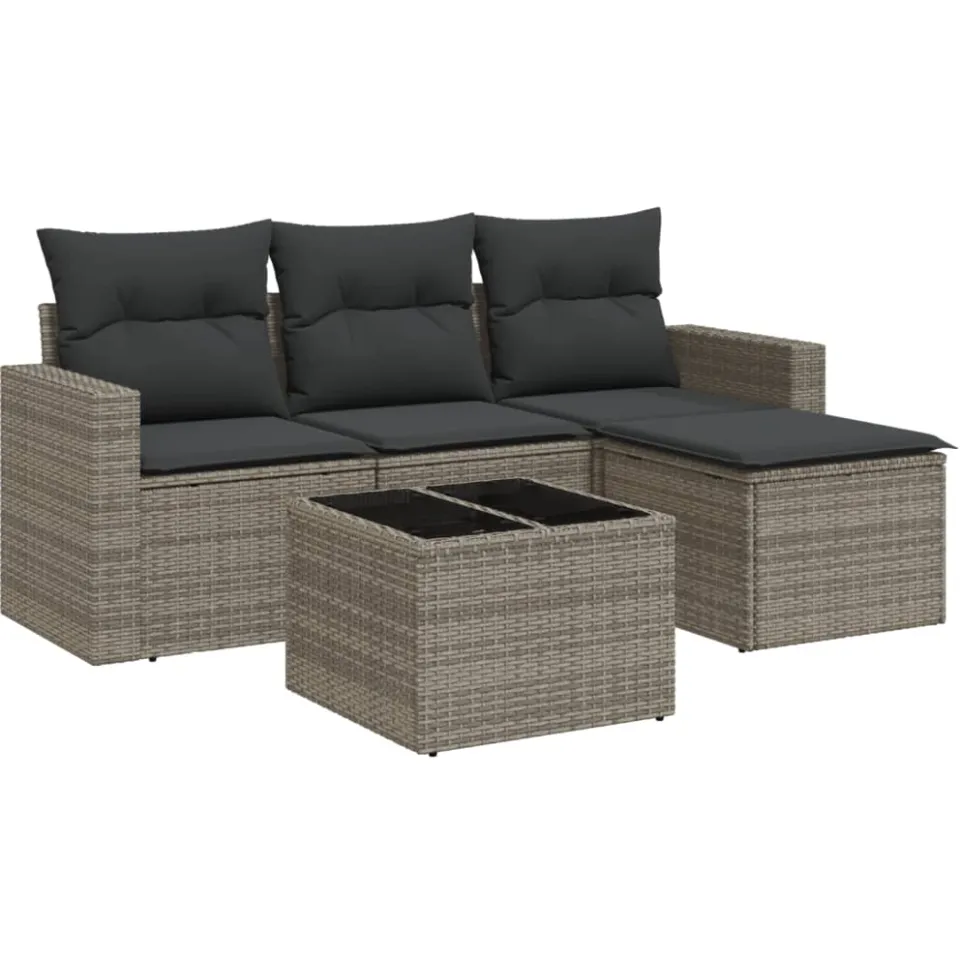 vidaXL 5-delige Loungeset met kussens poly rattan grijs, foto 3