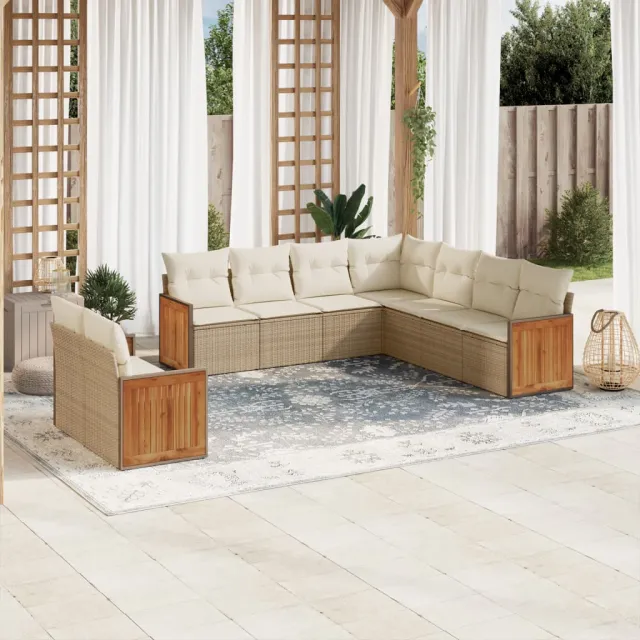 vidaXL 9-delige Loungeset met kussens poly rattan beige, foto 2