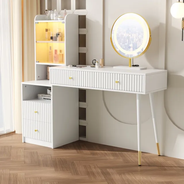 Wishdor Make-uptafel - Driekleurige LED-spiegel - Met 4 lades & glazen kast - 100x40x125 cm wit