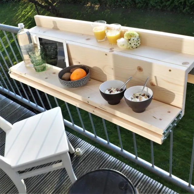 GoudmetHout Balkontafel Hangend & Inklapbaar - 99 cm Hout - Inklapbare Balkonbar - Klap tafel Klein - Hangtafel Balkon Buiten - Relingdikte vanaf 14 t/m 16 cm - Bijzet tafeltje - Transparant Wash Transparant wash (zelf beitsen)