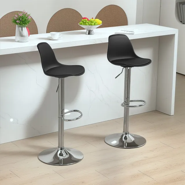 Wishdor Set Van 2 Barkrukken - Verstelbare Zithoogte En 360° Draaibaar - Modern Ontwerp Voor Keuken Of Huisbar - Zitting Met Rugleuning En Voetensteun - Stalen Onderstel Met Imitatieleer - Zwart - 42 X 38 X 82-104 Cm