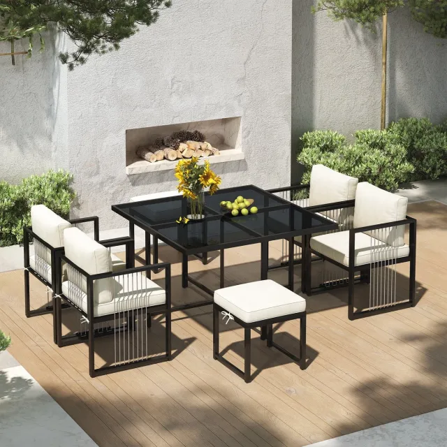 Sweiko Tuin Dining Loungeset - 7-Delig - Glazen Tafelblad - 4 Fauteuils + 2 Krukken - Met Kussens - Beige Beige+Zwart