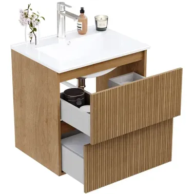 Wastafelonderkast Asime 60cm - Natuurlijk Eikenfineer Houtlook - Met 2 Lades, foto 5