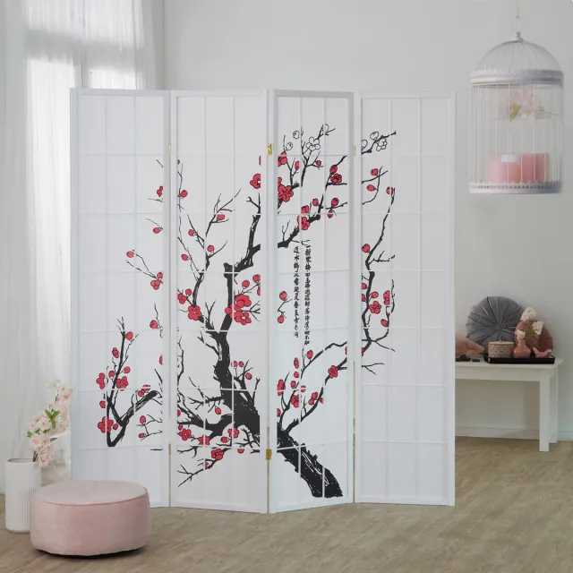 Homestyle4u Kamerscherm - 176x179 cm - Wit - 4-delig - Kersen