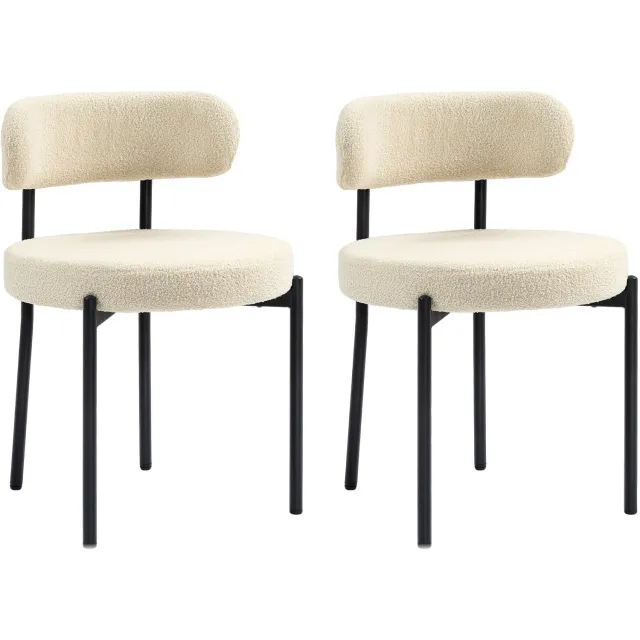 Lunpog Set van 2 eetkamerstoelen, moderne keukenstoel, woonkamerstoel, met rugleuning bekleed met Berber-fleece, stalen poten in zwart voor de woonkamer, eetkamer en slaapkamer, beige Beige/crèmekleurig