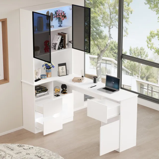 Merax Hoekbureau 120x80x180 cm met boekenplank - vitrinekast met LED-verlichting - 3 lades - open vakken en huisdierenvak - wit