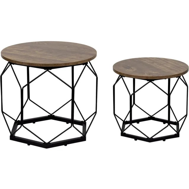 Klarven Bijzettafeltjes Woonkamer Vintage eiken zwart - Bijzettafel Bank - Bijzettafel - Bijzettafel Rond - Bijzettafel Hout - Set van 2, Metalen Frame, Industrieel Design - Ø50xh45cm en Ø40xh36cm
