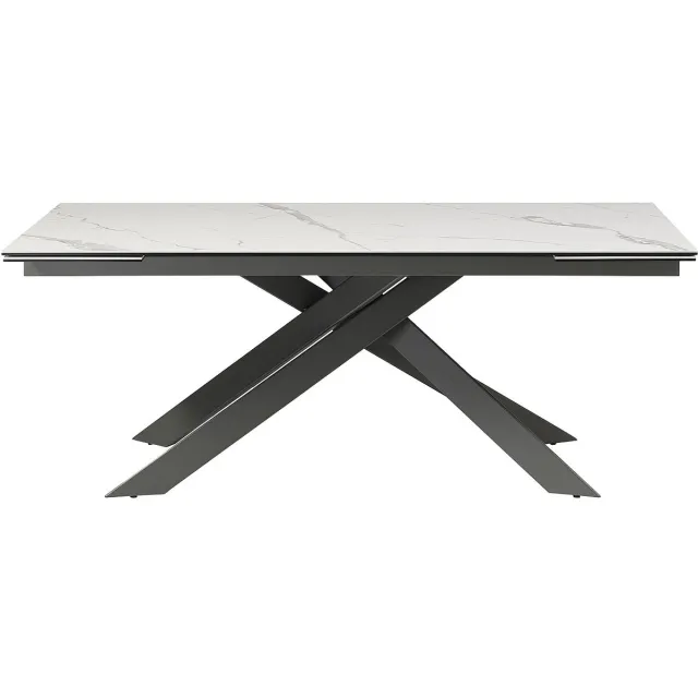 Vente-unique Verlengbare eettafel 8 tot 12 personen van keramiek, gehard glas en metaal - Wit marmereffect en antraciet - COREMA van Maison Céphy