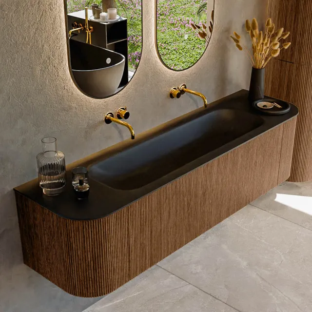 Mondiaz KURVE 170 cm Onderkast Greeploos 1 Lade Met Deuren Walnut, Wastafel Solid Surface Midden Urban 0 Kraangaten Zonder Spiegel (KRVBGL170L+R1L2D0KM-Wal/Urb)