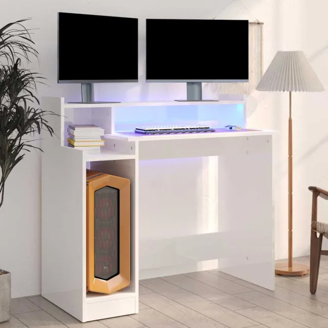 vidaXL Bureau met LED-verlichting 97x45x90 cm hout hoogglans wit, foto 2