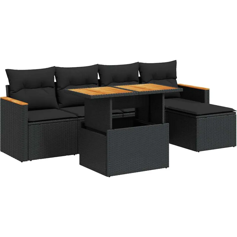 vidaXL 6-delige Loungeset met kussens poly rattan acacia zwart, foto 3