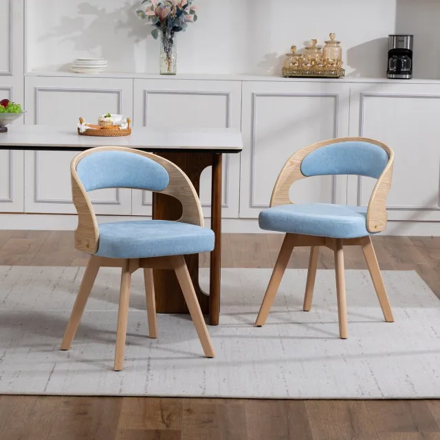 Wishdor Draaibare Eetkamerstoel - 360 Graden Draaibaar, Gestoffeerde Zitting En Ergonomische Rugleuning - Modern Ontwerp - Voor Eethoek Of Café - Linnen Met Houten Poten - Blauw - 44 X 41 X 72 Cm