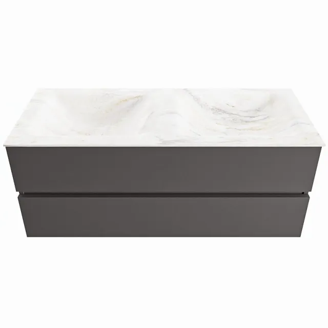 Mondiaz VICA-DLUX 120cm badmeubel onderkast Dark grey 2 lades. Inbouw wastafel CLOUD dubbel zonder kraangat, kleur Ostra.