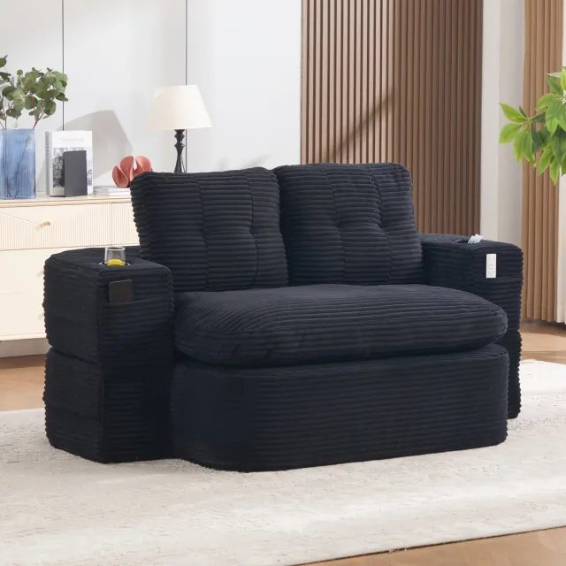 Wishdor Slaapbank - 2-in-1 met slaapfunctie en bekerhouders - retro cord - voor woonkamer of slaapkamer - stof - zwart - 165 x 97 x 61 cm