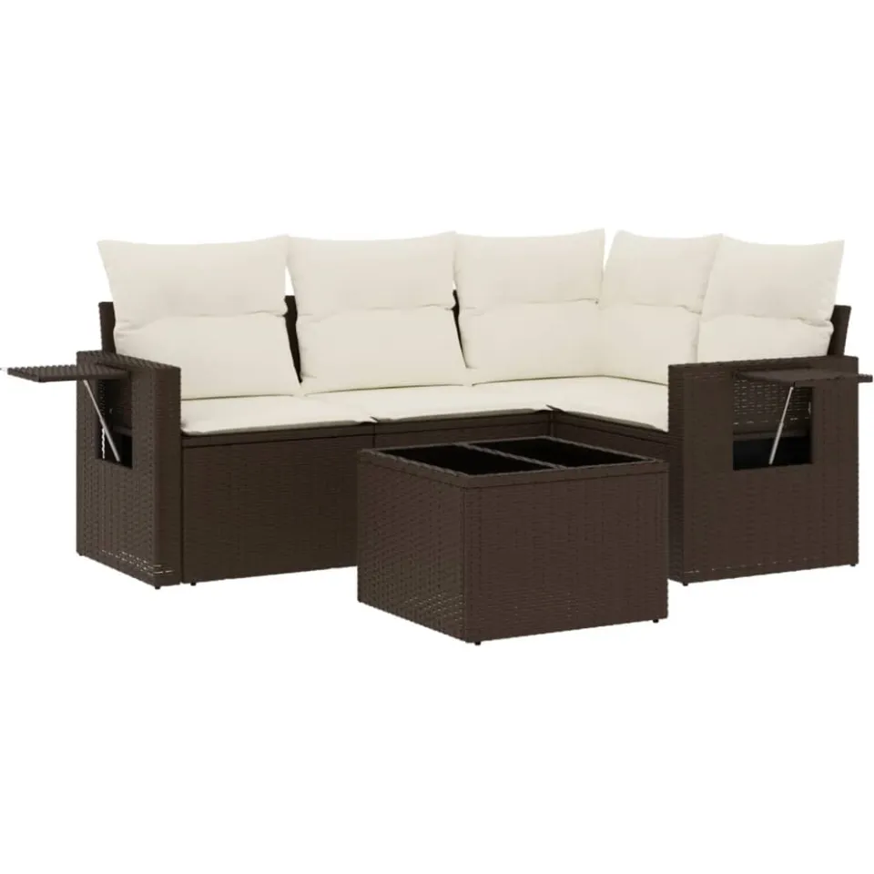 vidaXL 5-delige Loungeset met kussens poly rattan bruin, foto 4