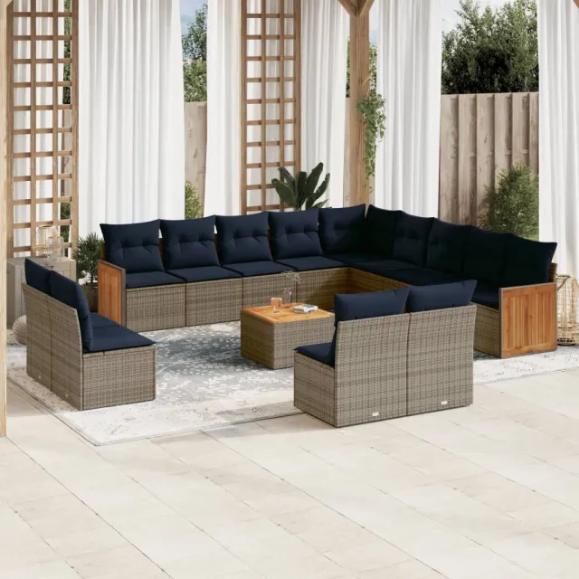 vidaXL 14-delige tuinbankset met kussens, grijs polyrotan, foto 2