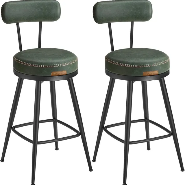 FurnStar Barkruk set van 2 - 360° draaibare barkruk - Kruk met rugleuning voor keukeneiland - Kunstleer met naden - Mid-Century moderne stijl - 65 cm hoog - Keuken huisbar - Bosgroen