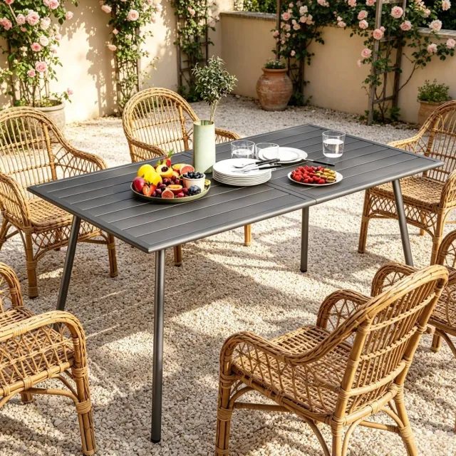 MODENUIT Tuintafel 150 x 80 x 74 cm - Stalen Tafelblad - Voor 6 Personen - Tuin En Terras - Grijs