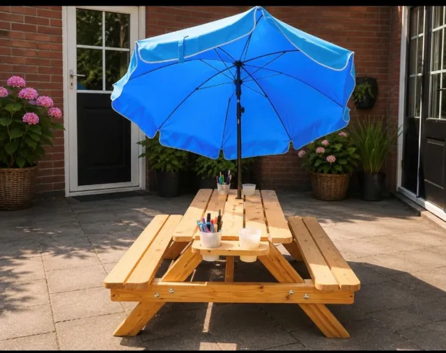 woodcreators hilversum kinderpicknicktafel - Slim ontwerp met bekerhouders + 4 bekers - picknicktafel - tafel - tuintafel - zomer - parasol - kinderen -100x100x50 hout