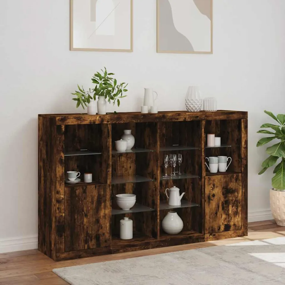 vidaXL Dressoirs met LED-verlichting 3 st bewerkt hout gerookt eiken, foto 4