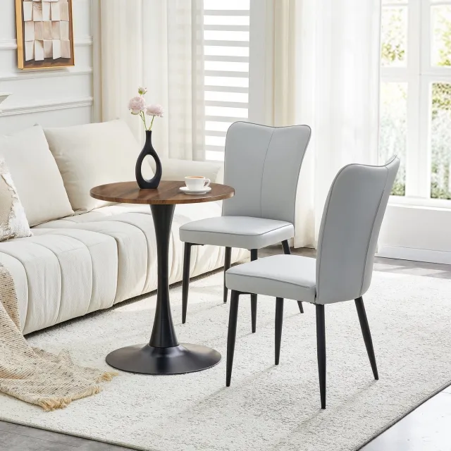 OKWISH Tafel- En Stoelset 60 Cm - Ronde Eettafel Met 2 Stoelen - Voor Woonkamer Of Eethoek - MDF, Metaal, PU - Zwart Zwart, Lichtgrijs, Walnoot