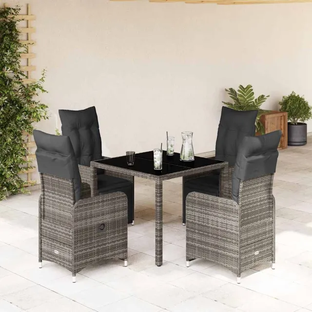 vidaXL 5-delige Bistroset met kussens poly rattan grijs, foto 2