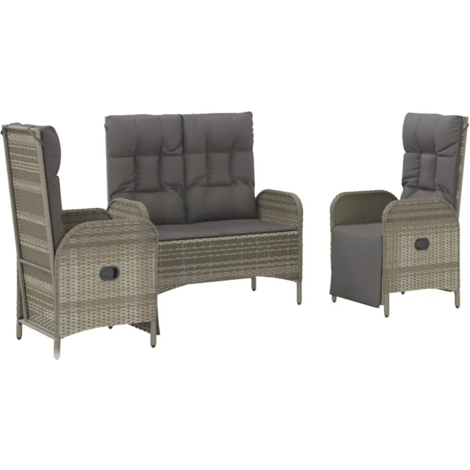 vidaXL 3-delige Tuinset met kussens poly rattan grijs