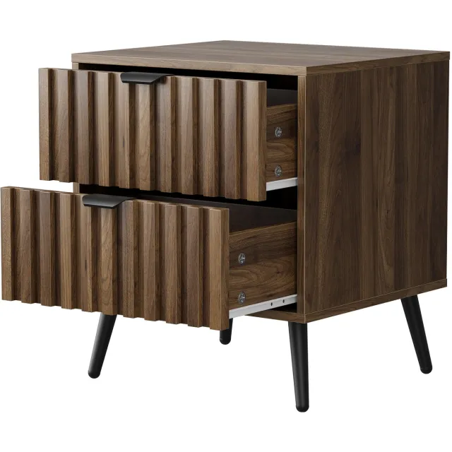 REDOM Nachtkastje - 2 laden - Ingelegd ontwerp met metalen poten - Anti-kantelvoorziening - Moderne stijl - Slaapkamer en woonkamer - MDF - Walnootkleur - 45 x 40 x 53 cm