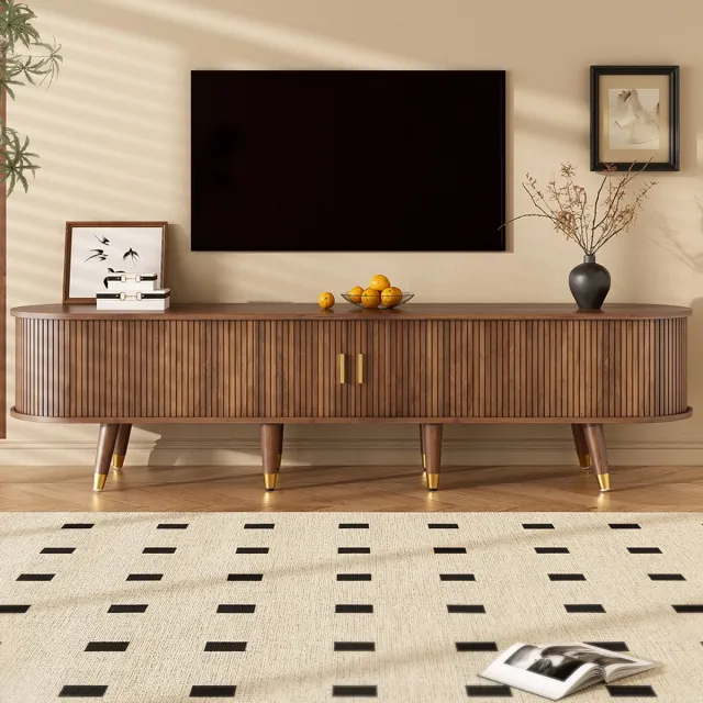 Pugsdrly TV-kast 175 cm rotan schuifdeur walnootlook veel opbergruimte landhuisstijl MDF open vakken lades natuurlijk design Notenhout