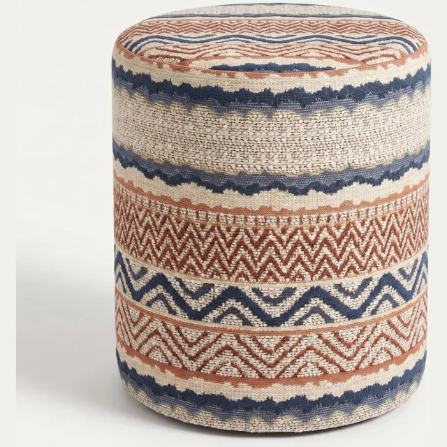 Mörgenn Poef Stripe Terra Blue - Ronde Poef en Voetenbank - Jacquard Streep - 80x80x30 cm