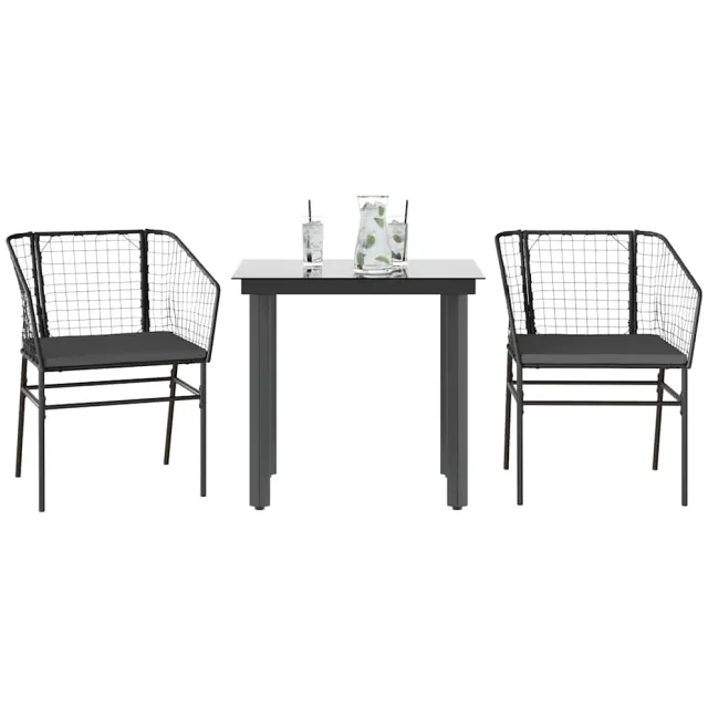 vidaXL 3-delige Tuinset met kussens poly rattan glas zwart