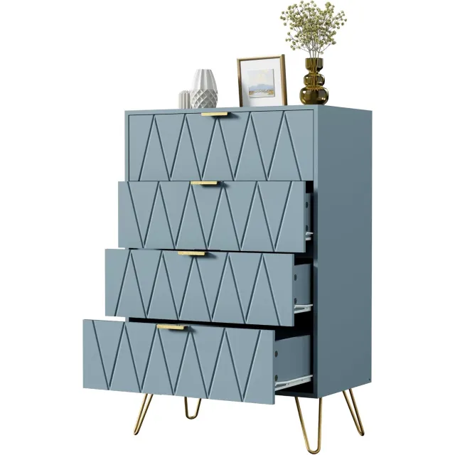 UEV Commode 4 Tiroirs, Meuble de Rangement, 60 x 34 x 91 cm, Bleu Gris Blauw