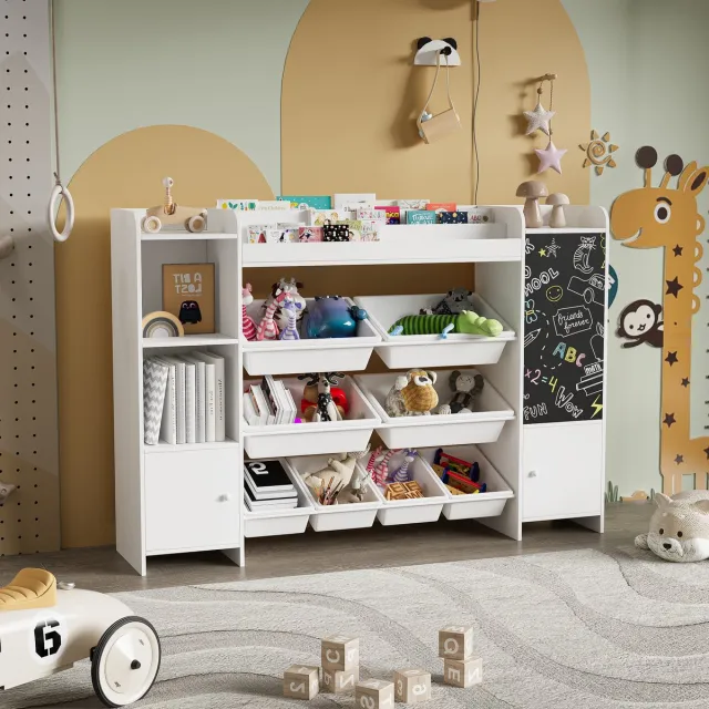 ROSAHQNDA Kinderboekenplank met open opbergvak en schoolbord, witte speelgoedorganizer voor kinderen