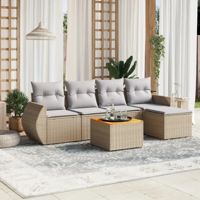 vidaXL 6-delige Loungeset met kussens poly rattan beige, foto 2