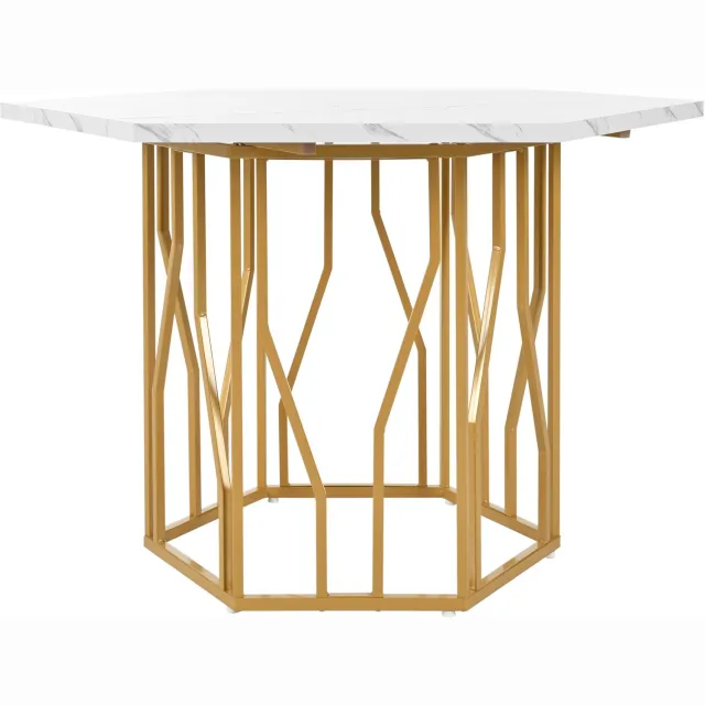 SONNENH Zeshoekige eettafel met goudkleurig metalen onderstel - MDF marmerlook - 115,5 cm - Wit Witte marmerlook / Goudkleurig