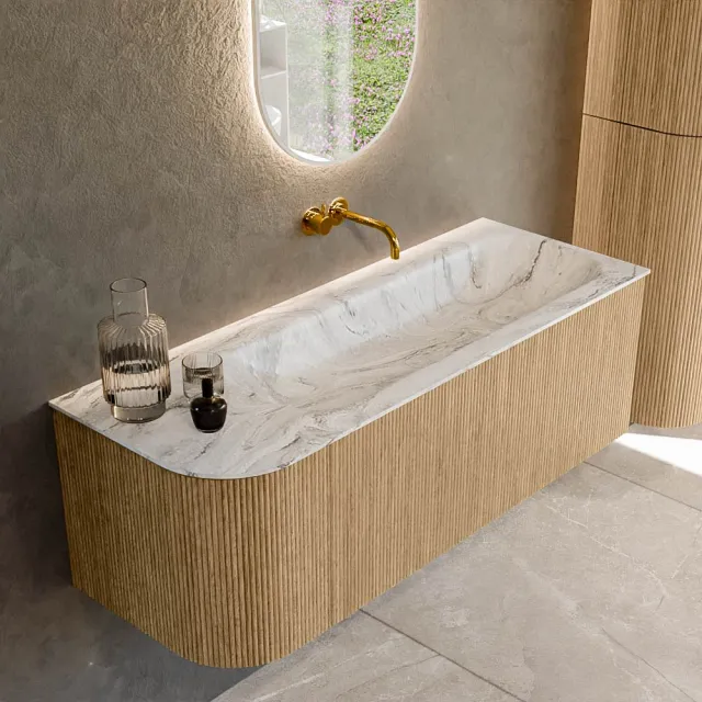 Mondiaz KURVE-DLUX 125 cm Onderkast Greeploos 1 Lade Met Deuren Oak, Wastafel Solid Surface Rechts Glace 0 Kraangaten Zonder Spiegel (KRVBGM125L1L1D0KR-Oak/Gla)