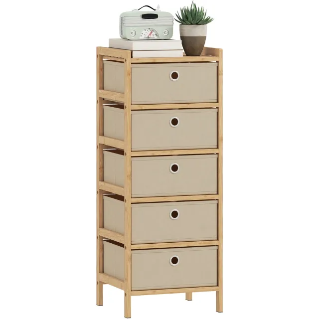 ECTEATOY Ladekast - Ladekasten Slaapkamer met 5 Stoffen Laden - Commode voor Kleine Ruimtes - Opbergkast - 33x29x85 cm - Bamboe - Natuurlijk