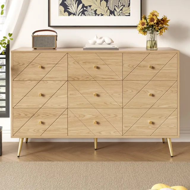 REDOM Commode - 9 Laden - Geometrisch Front - Modern - Slaapkamer - Spaanplaat - Natuurkleur - 120 X 39 X 80 Cm Natuurlijk